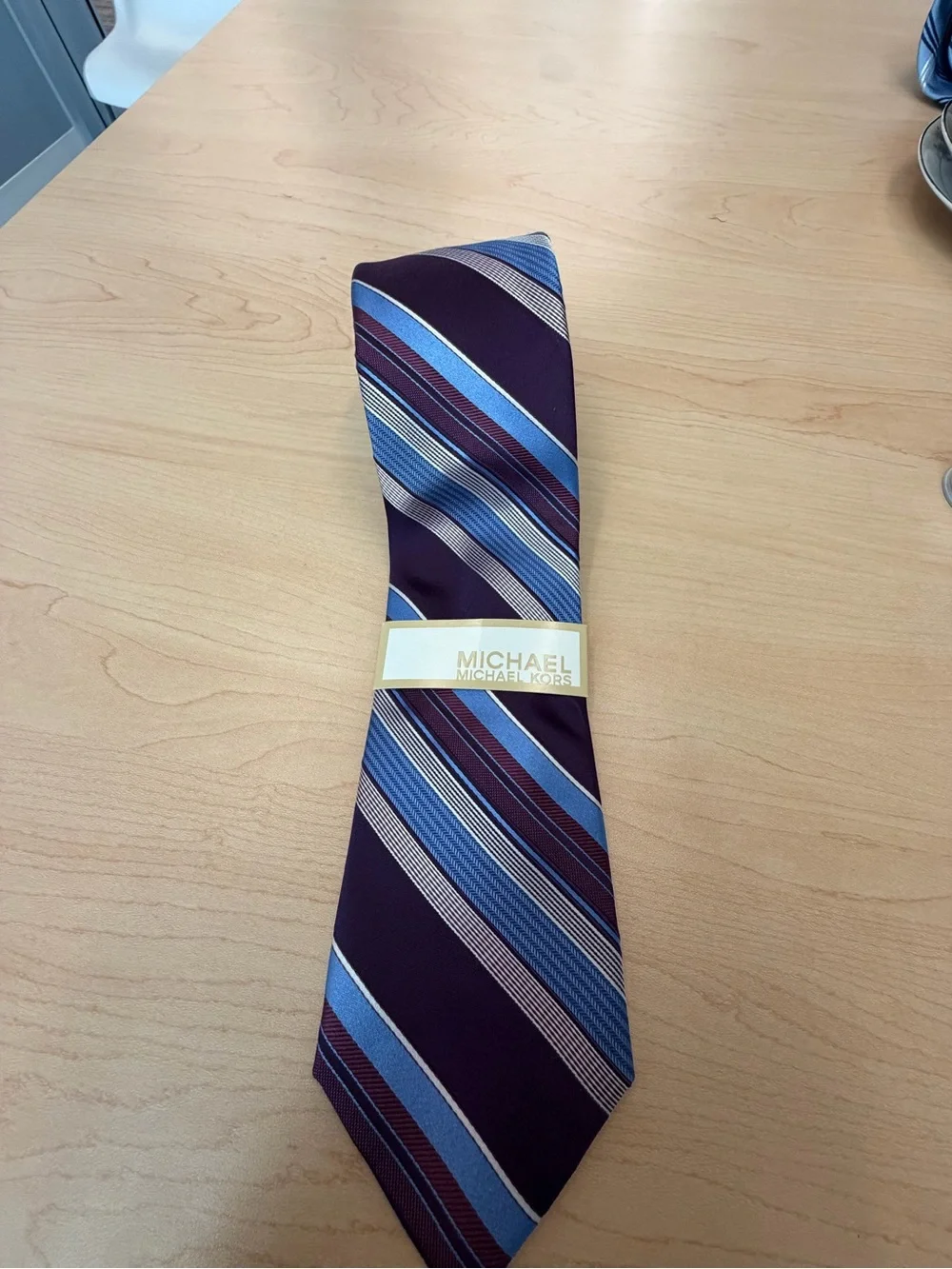 Michael Kors Burgundy, Blue and Silver Diagonal Stripe Tie